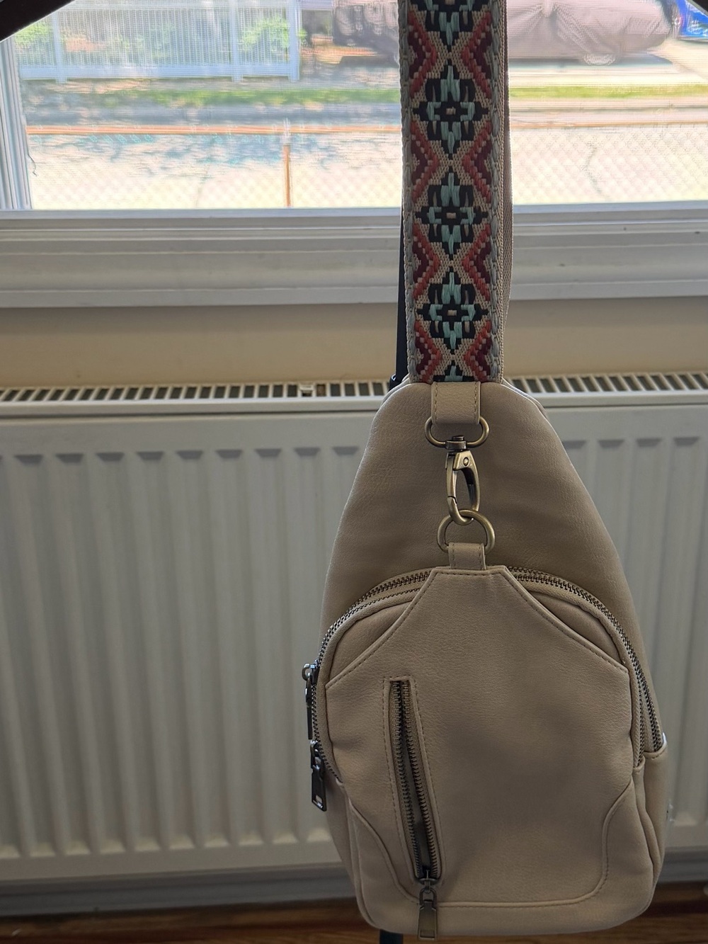 Antik Kraft Beige Crossbody Bag with Colorful Woven Strap